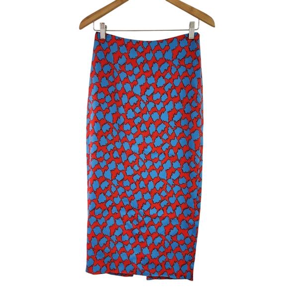 Diane Von Furstenberg Women's Printed Pencil Midi Skirt Slit Red Blue Size 4 - Picture 1 of 10